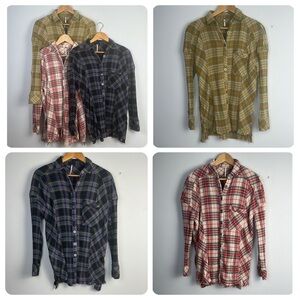 Free People Bundle Juniper Ridge Plaid Cotton Shirt Shacket Raw Hem Relaxed Fit